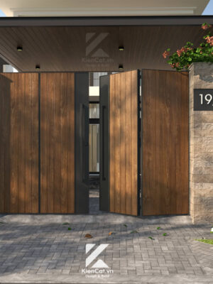 Cổng gỗ sồi biến tính biệt thự