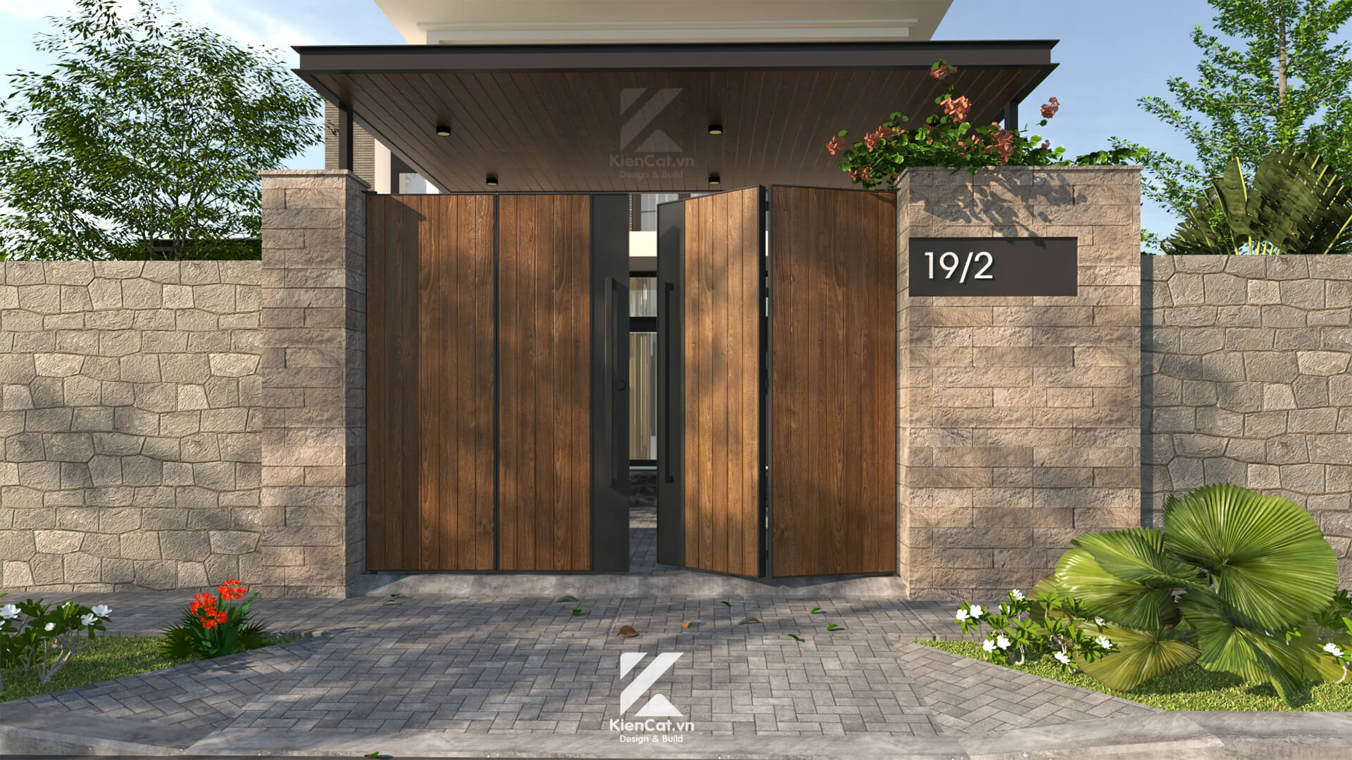 Cổng gỗ sồi biến tính biệt thự