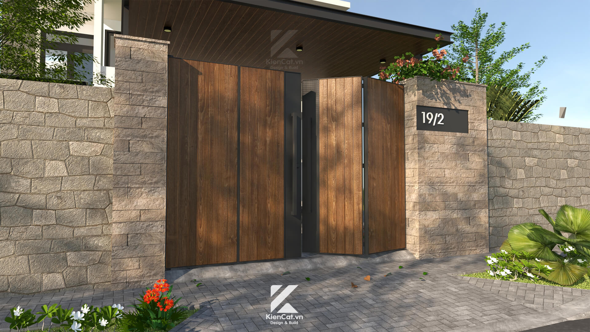 Cổng gỗ sồi biến tính sang trọng và đẳng cấp