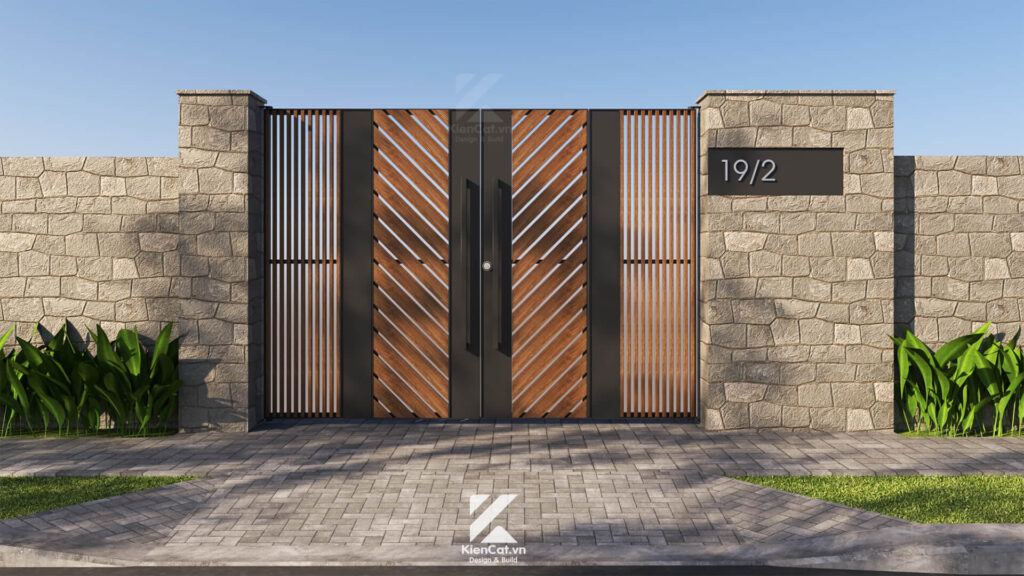 Cổng sắt gỗ tự nhiên