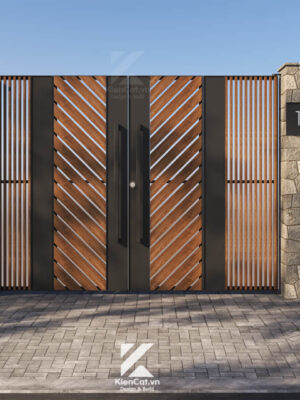 Cổng sắt gỗ tự nhiên