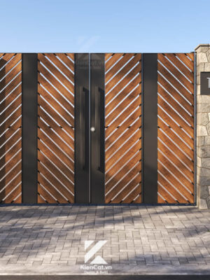 Cổng sắt ốp gỗ tự nhiên