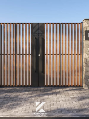 Cổng sắt ốp gỗ tự nhiên