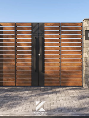 cổng sắt gỗ tự nhiên ngoài trời