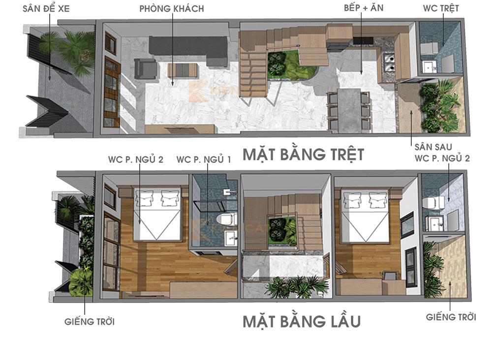 mặt bằng nhà phố 2 tầng