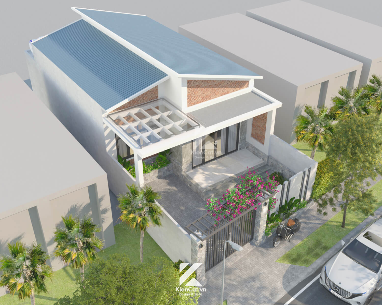 nhà cấp 4 mái lệch hiện đại sân vườn