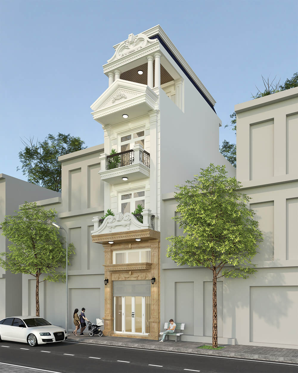 Thiết kế nhà phố cổ điển 3 tầng trên lô đất 4x12