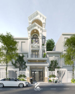 nhà phố tân cổ điển 3 tầng với mái ngói và vòm cong