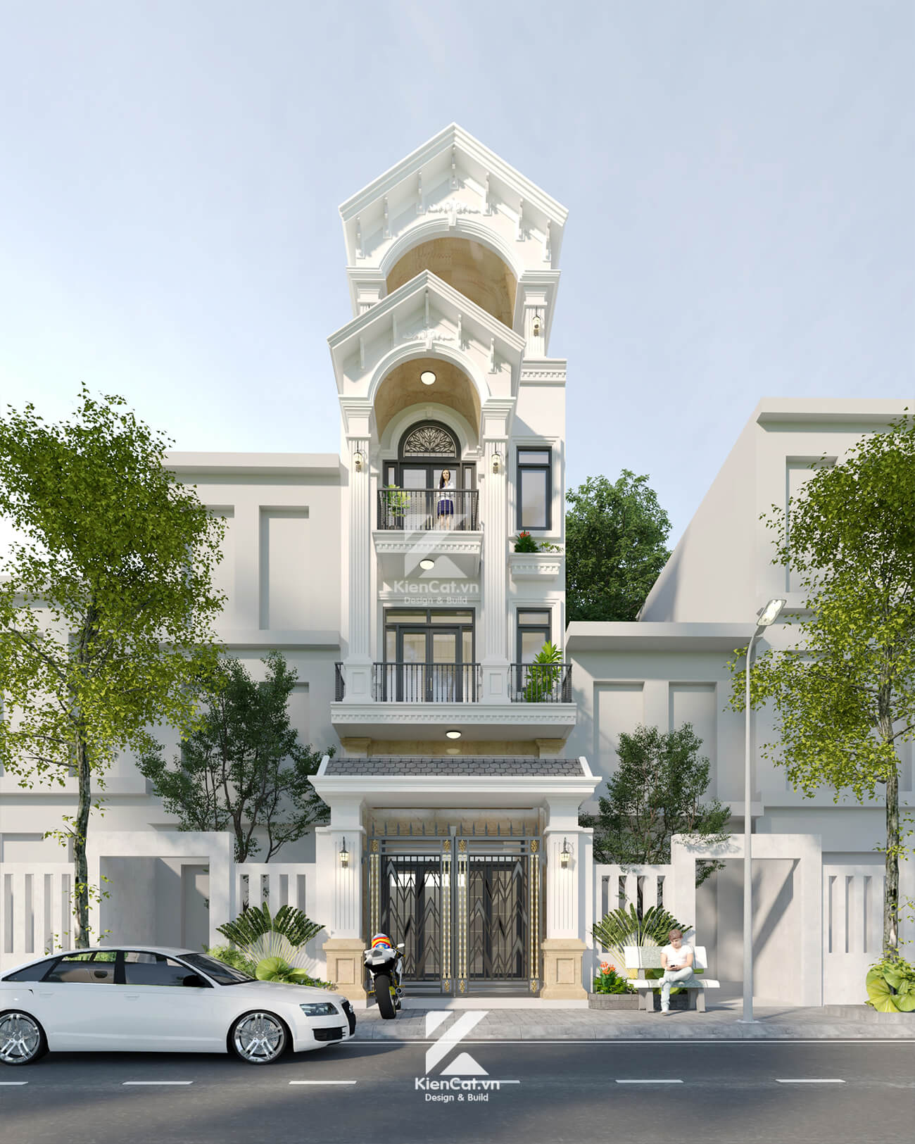 nhà phố tân cổ điển 3 tầng với mái ngói và vòm cong