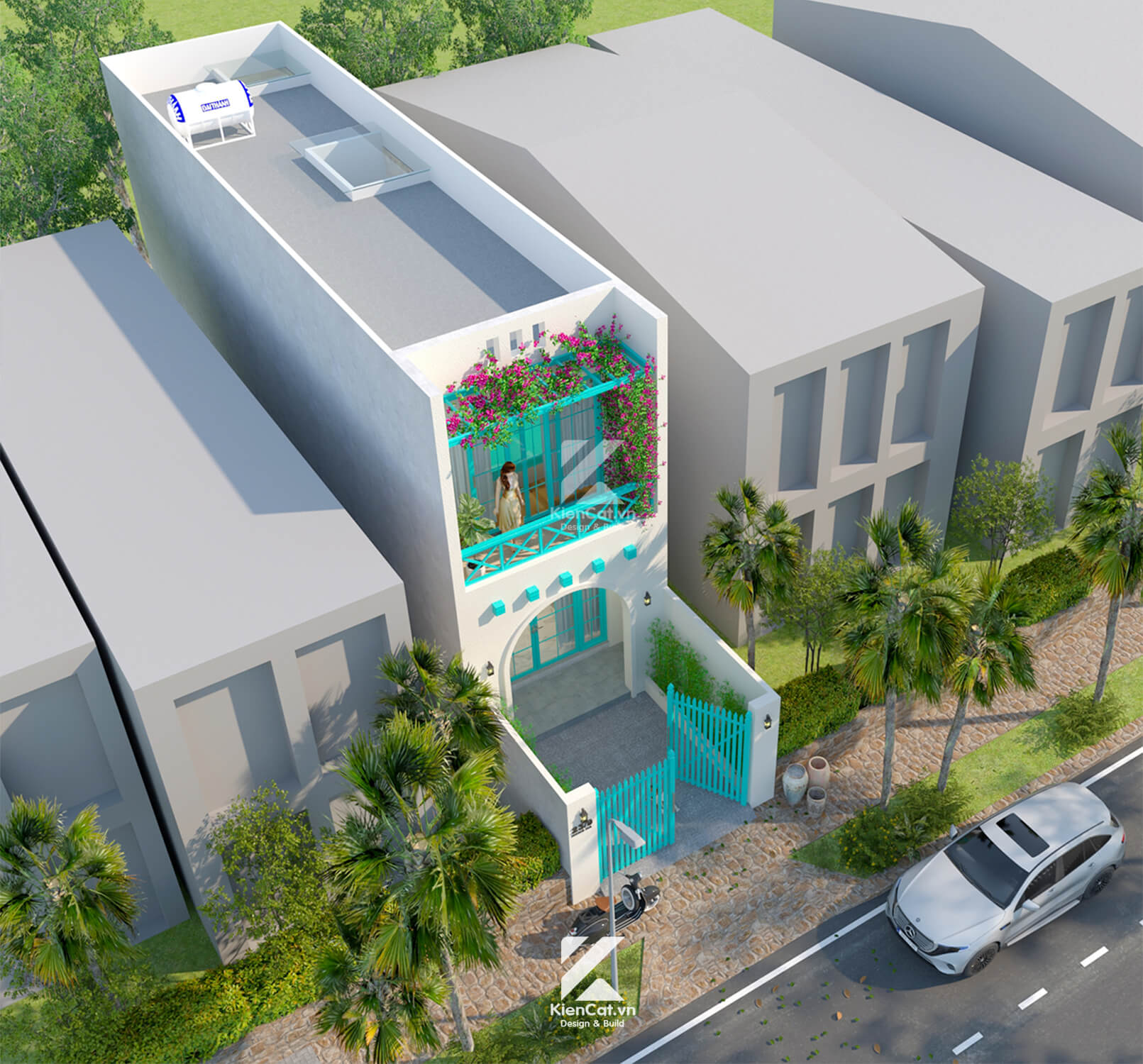 thiết kế nhà phố phong cách santorini 2 tầng